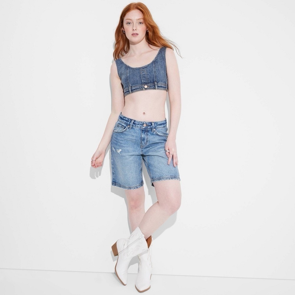 Women's Scoop Neck Reworked Denim Tiny Vest - Wild Fable™ Medium Wash S
